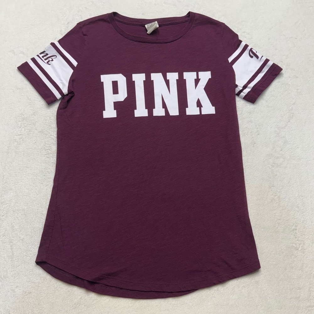 PINK Victoria's Secret Varsity Graphic Tee Maroon White Striped Sleeve Women M